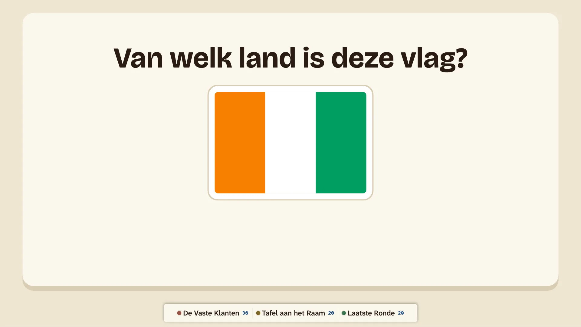De tv toont een oranje, witte en groene vlag en vraagt van welk land ze is.