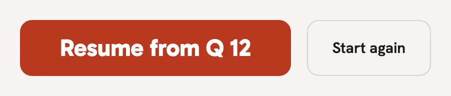 The green room's buttons: Resume from Q 12, and Start again.