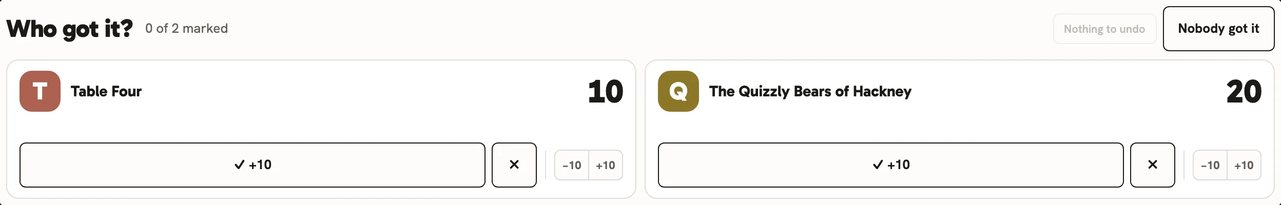 The two team tiles: Table Four on 10, The Quizzly Bears of Hackney on 20.