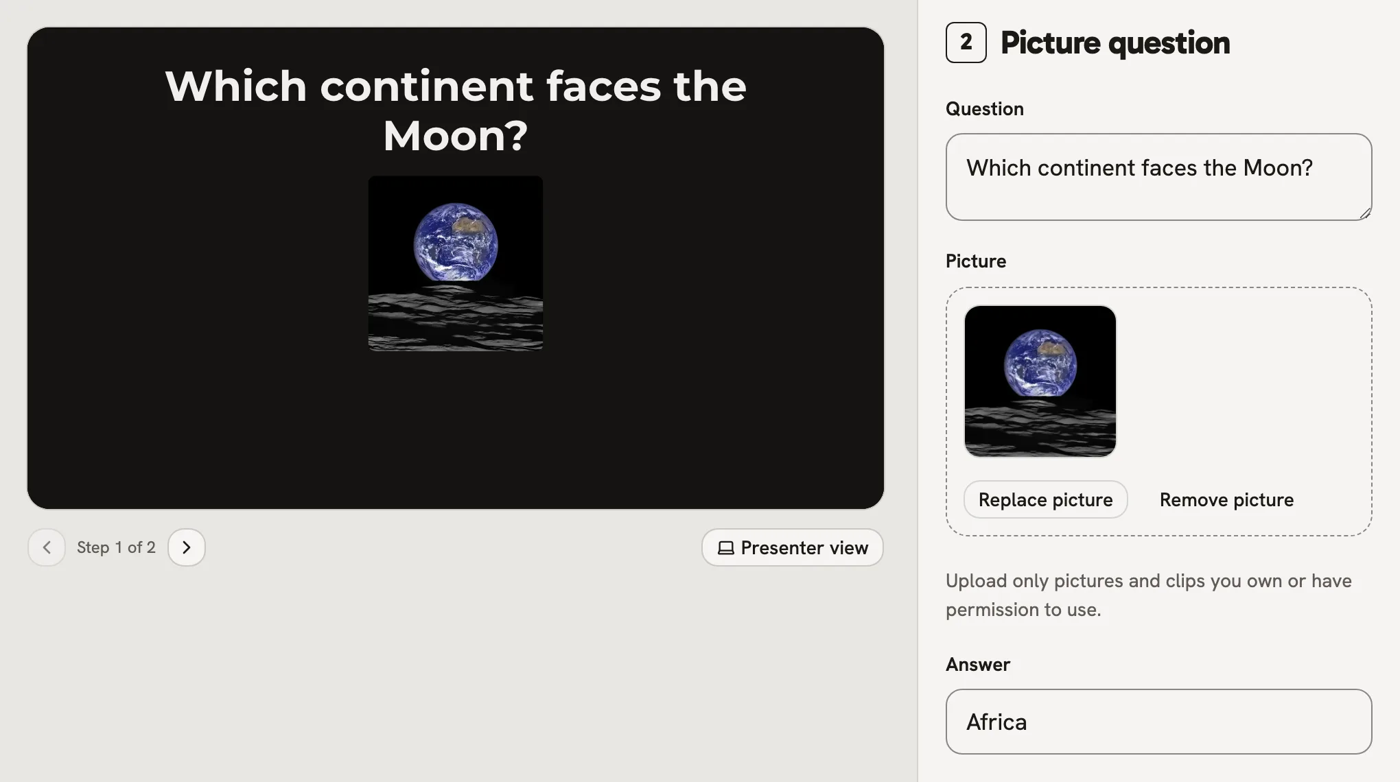A picture question being written: which continent faces the Moon, a photograph of the Earth rising over the Moon, the answer Africa, beside the preview of the TV.