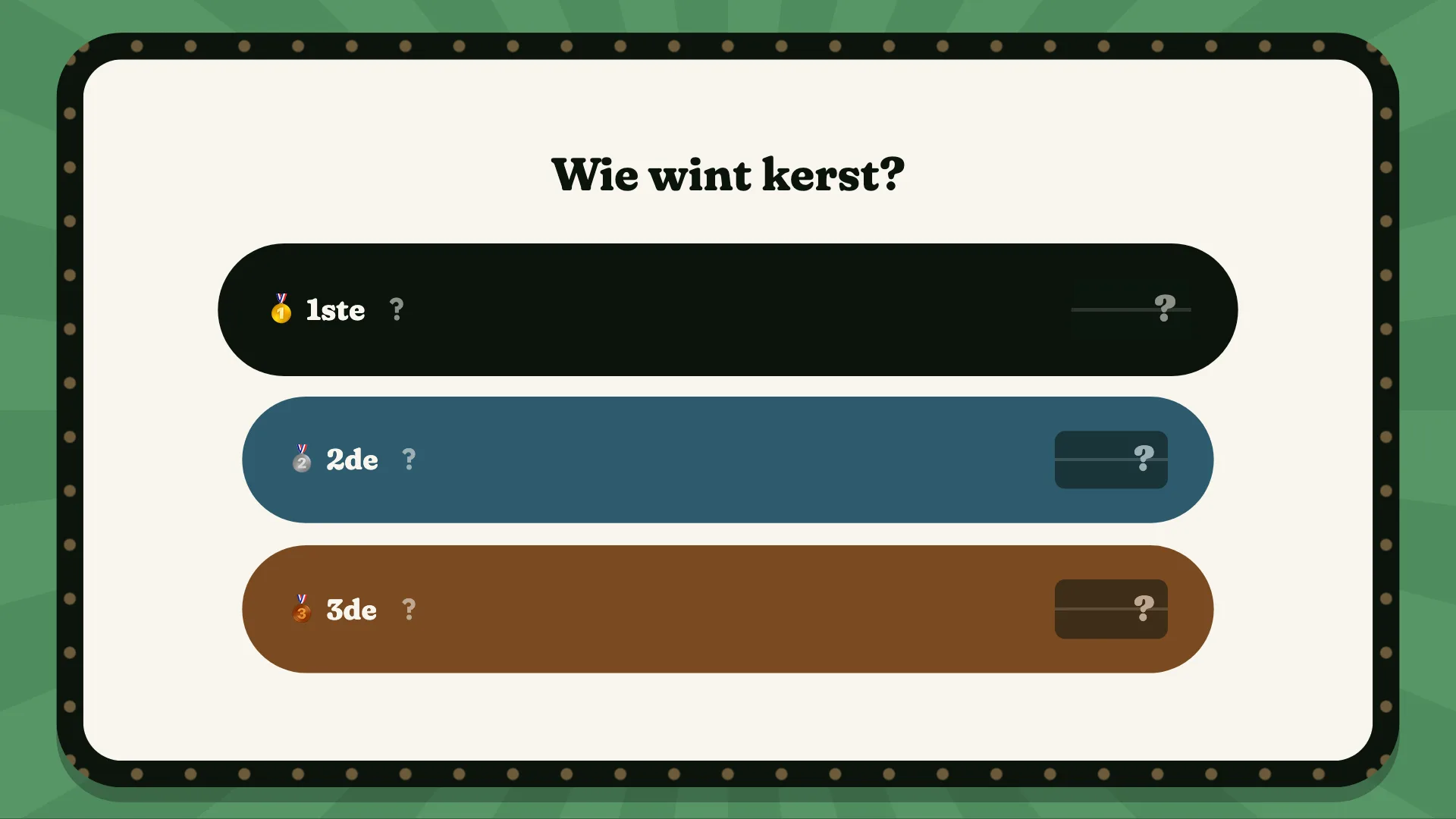 De eindstand op de tv, met de naam van elke ploeg nog verborgen.