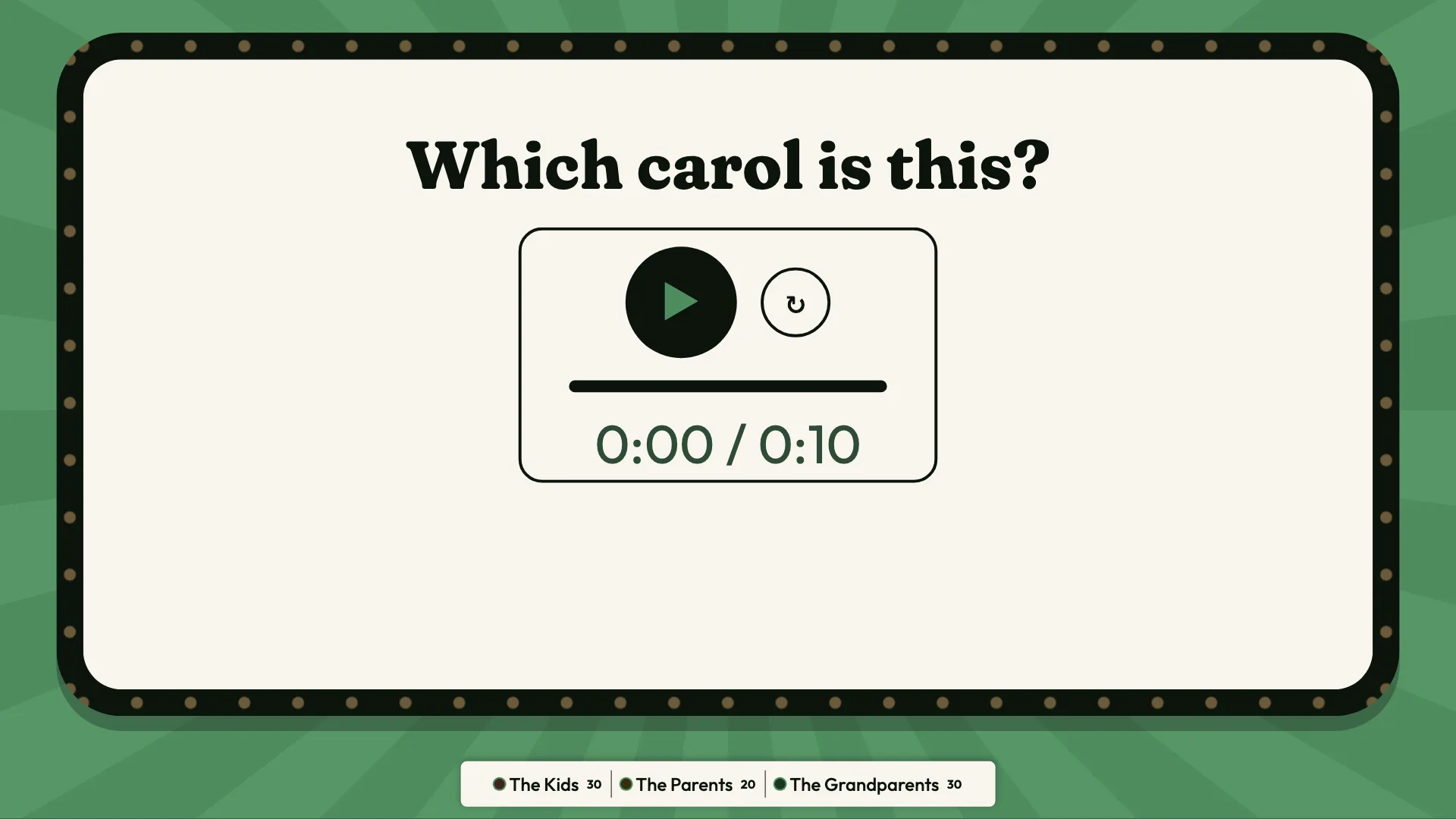 The TV asking which carol this is, its tune ready to play.