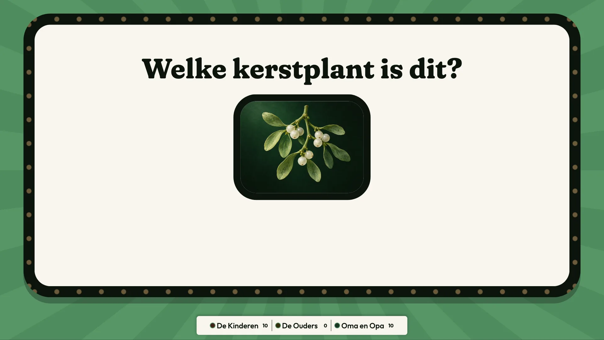De tv vraagt welke kerstplant dit is: een takje met witte bessen, nog zonder antwoord.