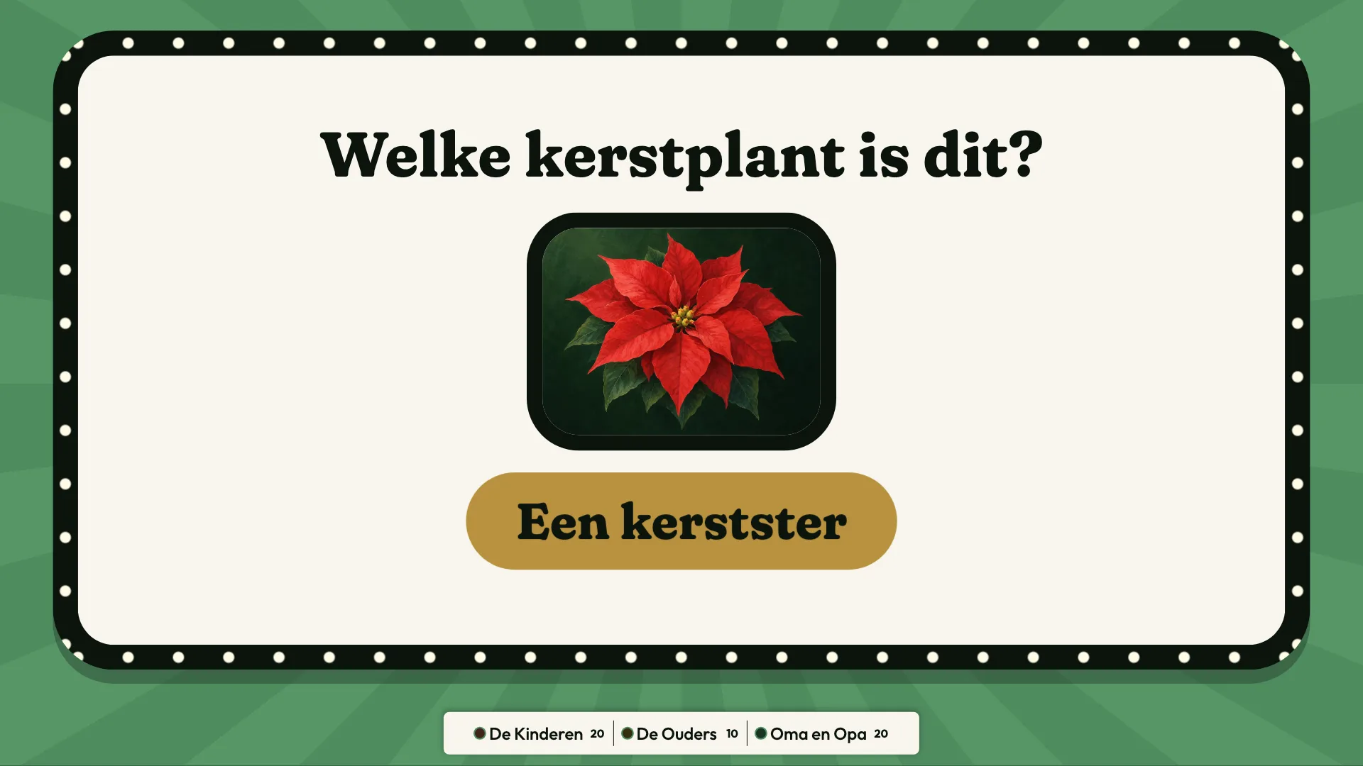 De tv in een donkere woonkamer met een fotovraag en het antwoord erbij: een kerstster.